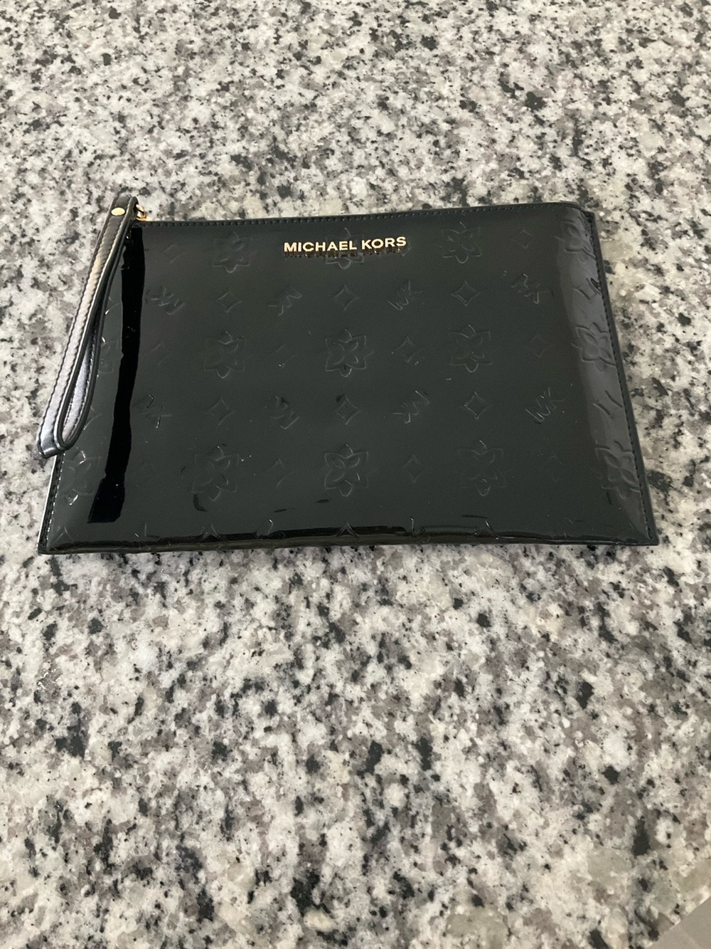 Michael Kors Black Patent Leather Embossed Wristlet Pouch with Gold Logo